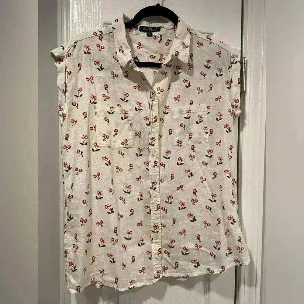 Velvet Heart Linen Blend Short Roll Sleeve Button Down Shirt Cherry Print Size S